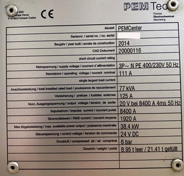 PEMTec PEMCenter Präzisionsmaschine der elektrochemischen Bearbeitung zu verkaufen