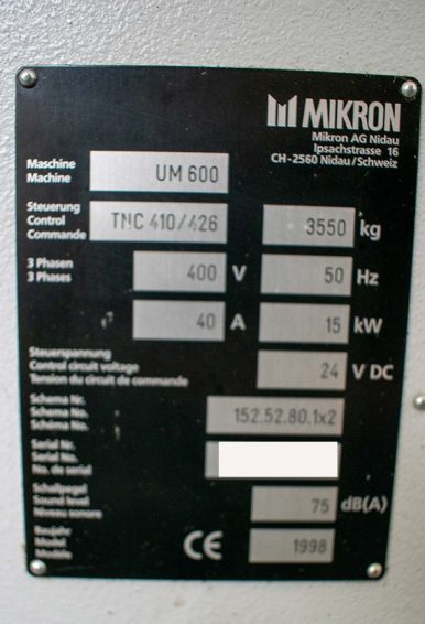 Mikron UM 600 vertical milling machining center for sale